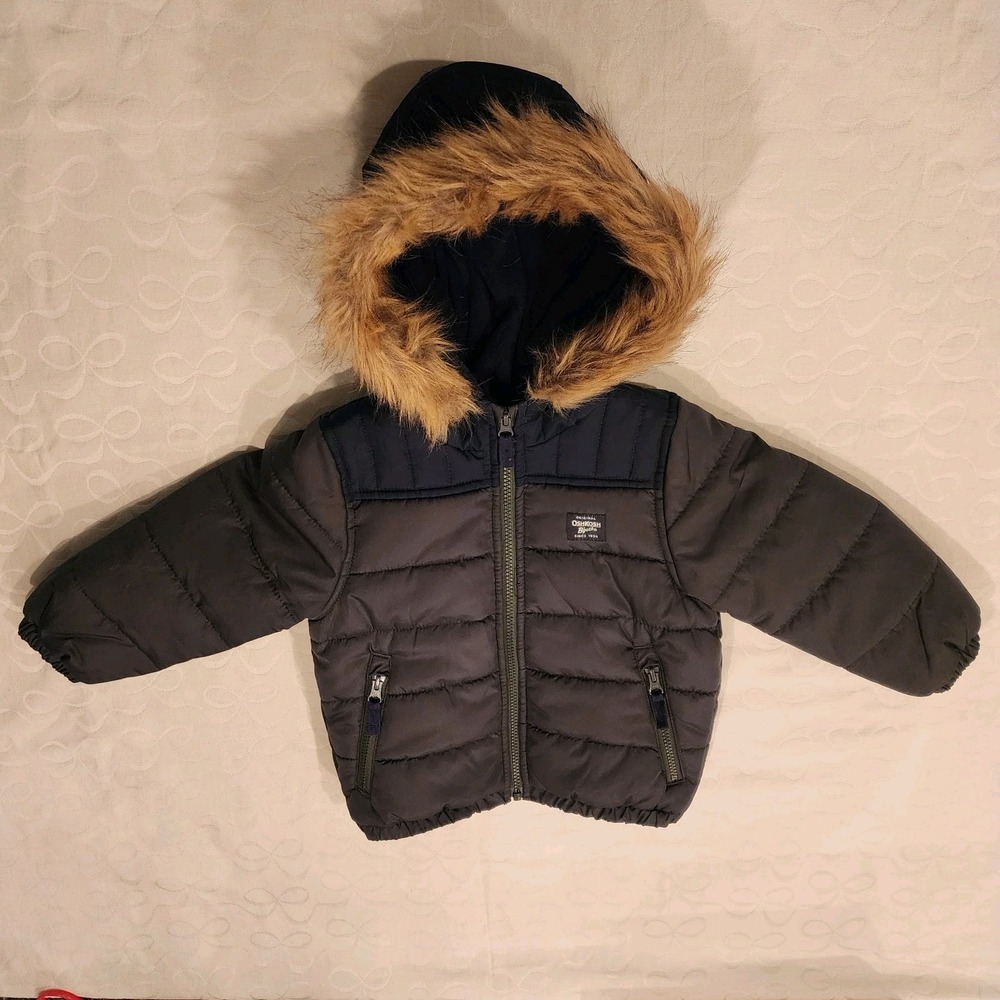 OshKosh B'gosh‎ Toddler Puffer Jacket 3T Navy Gray Winter Coat Faux Fur Hood